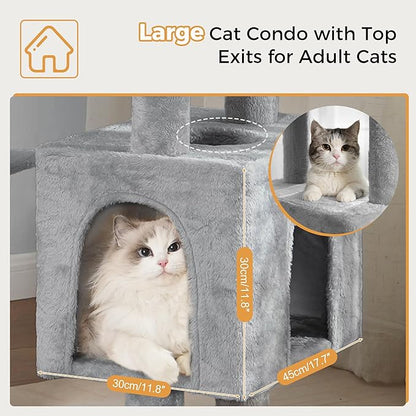 72” Cat Tree for Large Cats Big Cat Tower with Enlarged Hammock 21.6x17.7” Spacious Cats Condo House and Roomy Top Bed and Multiple Scratch Posts for Indoor Adult Cats (Grey, XLarge-72)