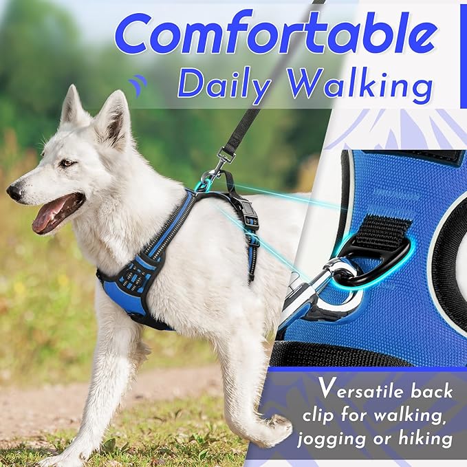 Eagloo Dog Harness for Large Dogs, No Pull Service Vest with Reflective Strips and Control Handle, Adjustable and Comfortable for Easy Walking, No Choke Pet Harness with 2 Metal Rings, Blue, L