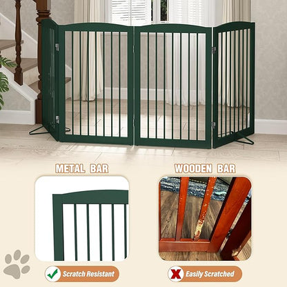 Freestanding Pet Gate for Dogs, Indoor Wooden Dog Gate for House, Foldable Dog Gate for Doorway, Stair, Step Over Pet Puppy Safety Fence Tall, 80 Inch Wide, 4 Panels 32", Green