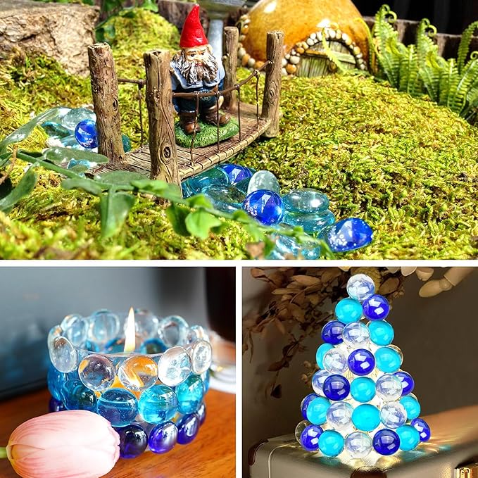 2LB Blue Mix Flat Glass Marbles for Vases, Mancala Stones Gemstone Beads Vase Filler Decorative Glass Pebbles for Fish Tank, DIY Crafts, Aquarium Decor Rocks
