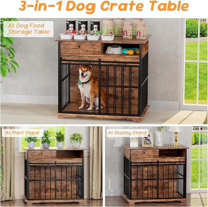 35.5" Dog Crate Furniture, Wooden Dog Crate Furniture for Medium Small Dogs, Wooden Dog Kennel End Table with Drawer and Open Shelves, Sliding Door Dog Kennel Furniture