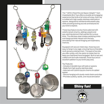 1970 Pk2 Pot and Spoon Delight Features Shiny pots and Spoons with Acrylic Rings and Pacifiers, Handcrafted for African Greys Amazons Macaws