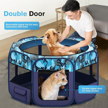 Dog Playpen, Pet Playpen, Portable Cat Playpen, Pop Up Foldable Puppy Playpen Exercise Kennel Tent with Carry Case Collapsible Bowl,Water-Resistant Shade Cover for Indoor Outdoor Travel (Extra Large)