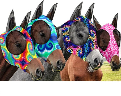 Frienda 4 Pieces Horse Fly Masks with Ears Face Covering UV Protection from Insect Pests Elasticity Smooth Comfortable Mesh Horse Mask Accessories(Tie-dye,Medium)