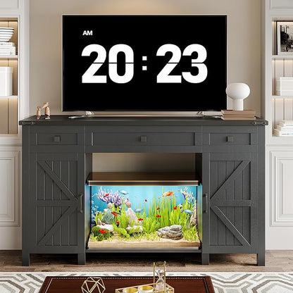 55-75 Gallon Aquarium Stand With Charging Station, Farmhouse Fish Tank Stand, Reptile Tank Stand Terrarium Stand with Drawer and Cabinet Storage, Sturdy Heavy Duty 53.5"×19.7" Tabletop - Black