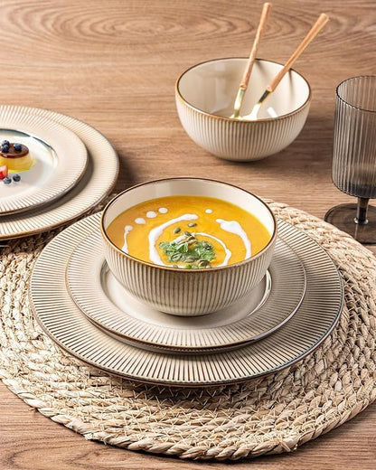 GBHOME Ceramic Dinnerware Sets,12 pcs Embossed Elegant Stoneware Plates and Bowls Sets, Housewarming Wedding Gift | Dishwasher & Microwave Safe | Dishes Set Service for 4