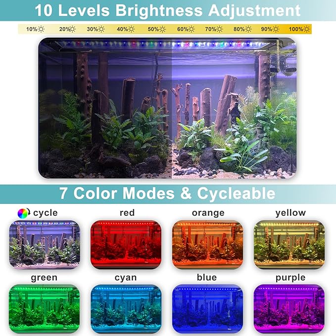 24/7 LED Aquarium Light, IP68 Waterproof Extendable Bracket Fish Tank Light with Timer, 7 Colors, 10 Level Adjustable Brightness, DIY Mode Full Spectrum Aquarium Plant Light for 30-36 Inch Fish Tank