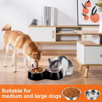 Double Dog Bowls Set – Non-Slip Pet Food & Water Dishes with Resin Stand, Includes Small (1 Cup) & Medium (2 Cups) Bowls – Ideal for Puppies, Cats, and Medium Dogs –Black