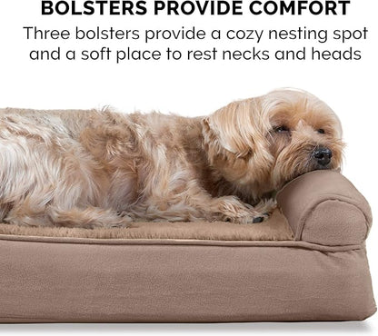 Furhaven Cooling Gel Dog Bed for Large Dogs w/ Removable Bolsters & Washable Cover, For Dogs Up to 125 lbs - Plush & Suede Sofa - Almondine, Jumbo Plus/XXL