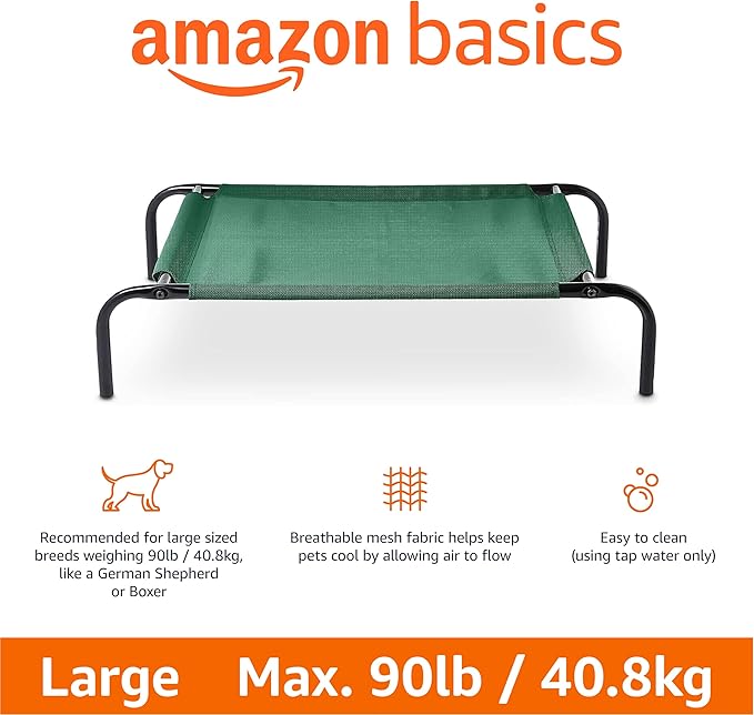 Amazon Basics Cooling Breathable Elevated Dog Bed with Metal Frame for Large Dogs, 51 x 31 x 8 Inch, Green