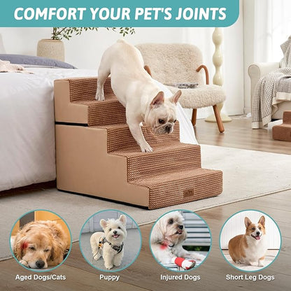 Dog Stairs for Small Dogs, 5 Tier Removable Wider Pet Stairs for Couch and Bed, 23.6" H Non-Slip Dog Steps for Puppies and Old Cats with Support Board, 29.5x19.7x23.6 inch, Light Brown