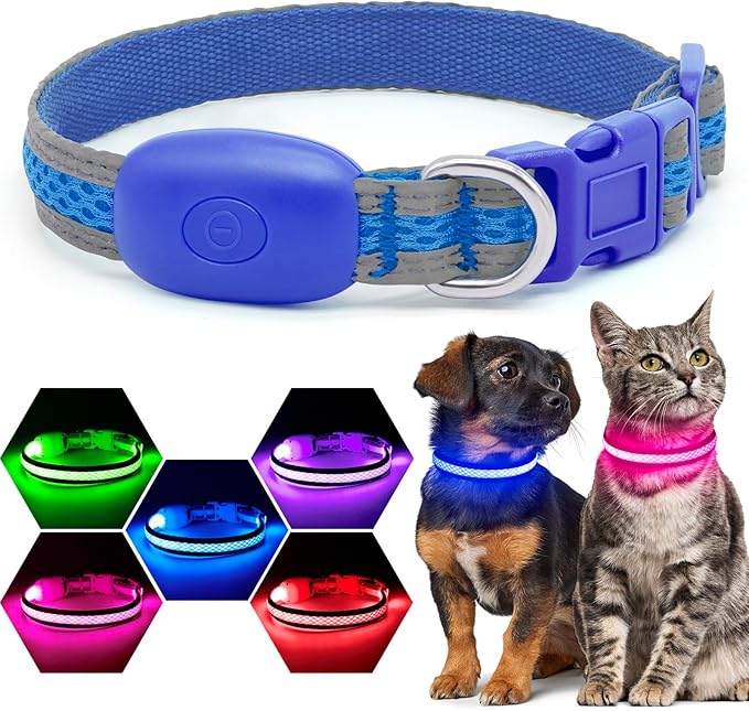 Flashseen LED Cat Collar,Light Up Dog Collar Rechargeable, Dog Lights for Night Walking, Comfortable Soft Mesh Pet Collar Adjustable for Cats Puppy and Small Dogs(Blue, XS)