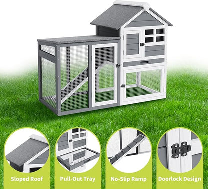 2-Tier Rabbit & Chicken House,Wooden Chicken Coop & Bunny Cage with Non-Slip Ramp, 4 Doors,Waterproof Roof & Pull-Out Tray,Outdoor/Indoor Pet Cage