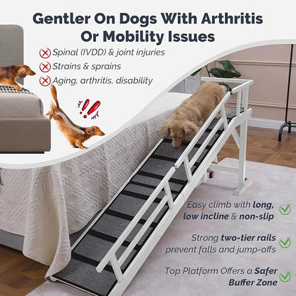 Dog Ramp for Bed or Couch, Wooden Pet Ramp with 20° Gentle Slope, Removable Side Rails, Non-Slip Surface, Top Platform & Wheels, Safe Bed Ramp for Small, Medium & Senior Dogs, 74" Long, White