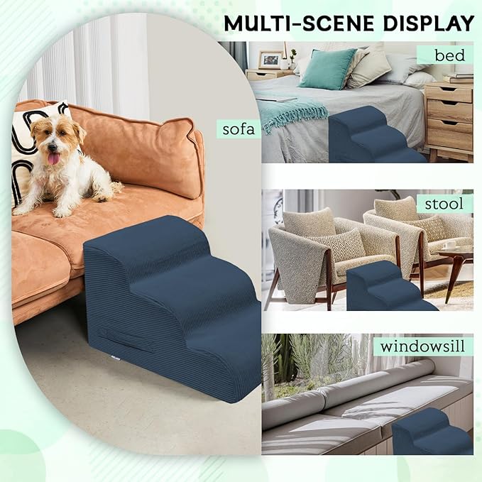 Dog Steps for Small Dogs, 3-Step Pet Ramp Stairs for High Beds and Sofa, Non-Slip Pet Stairs for Small Dogs and Cats, Removable and Easy to Clean Cover, Navy