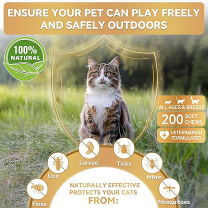 Flea and Tick Prevention for Cats, 200 Soft Chews for Fleas Treatment for Cats, Natural Cat Oral Flea Chewables Support Supplement, Flea and Tick Chews for All Breeds & Sizes