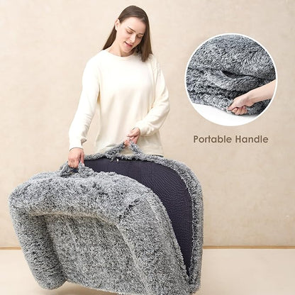 EHEYCIGA Foldable Dog Bed, Faux Fur Fluffy Dog Couch Bed, Orthopedic Calming Memory Foam Pet Bed for Small Dogs, Washable Soft Warm Pet Sofa Bed with Non-Slip Bottom, Grey, 40"x30"x6"