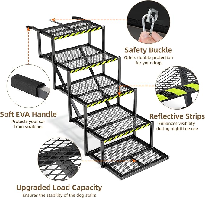 Dog Stairs for Large Dogs, Linvivon Extra Wide 20" Dog Steps with Non-Slip Surface and Reflective Strips, Outdoor Foldable Dog Ramp for Stairs, Car, Truck and SUV, Supports Up to 400LBS, 5 Steps