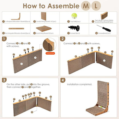 EHEYCIGA Cardboard Cat Scratcher for Indoor Cats, 26.8 Inch L Shaped Vertical Cat Scratching Board with Ball Cat Toy, Large Cat Scratcher Pad, Brown