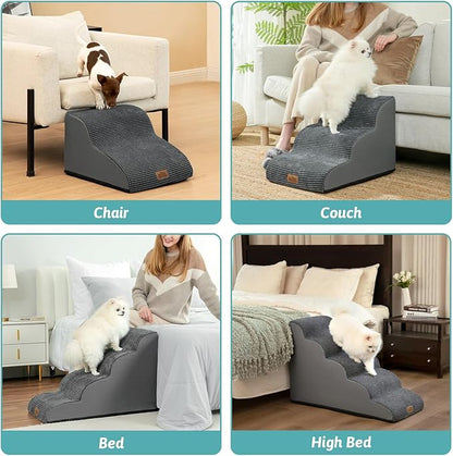 Dog Stairs for Small Dogs 15.7" H, Curved Dog Step for Puppy, Older Cat, Medium Pet Ramp for Sofa, Couch or Chair, Ladder with High Density Foam, 15.7x22.4x15.7 inch, 3 Step, Dark Grey