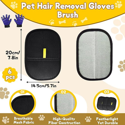8 Pcs Pet Grooming Gloves for Shedding – 6x Reusable Cat & Dog Hair Removal Gloves+ 1 Pair 2-in-1 Deshedding Brush & Massage Mitt – Safe for Dogs & Cats, Efficient (Blue)