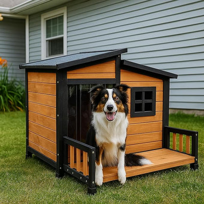 GARWOOD Large Outdoor Indoor Wooden Dog House for Small Large Dog Kennel Wood Sturdy Pet Puppy Warm Home with Durable Weatherproof Asphalt Roof Insulated Elevated Floor Outside Shelter Brown 39x37x30“