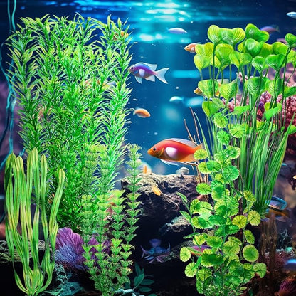 10 Pcs Large Aquarium Artificial Plants Decorations, Tall Plastic Fish Tank Plant Decorations for Household and Office Aquarium (Green)