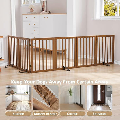 Freestanding Pet Gate Foldable Dog Gate (110 inches Wide) Walnut Bamboo Dog Gates for Stair Doorways House Puppy Fences Indoor (4 Support Feet Included)