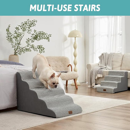 Extra Wide Dog Stairs 19.7" Width, Large Pet Step for Small Medium Dog, Puppy or Cat, Ramp for High Bed or Car, High Density Foam Ladder, Stable, 5 Step, 19.7x33x22.4 inch, White Black