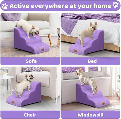 Dog Ramp and Stair for Bed 16" H-20 H,3-Step Cat Stair for Sofa and Chair,4-Step Dog Ramp for High Bed and Window,Durable Nonslip Fabric Stair for Indoor (Purple-16 H, Pet Friendly, 3)