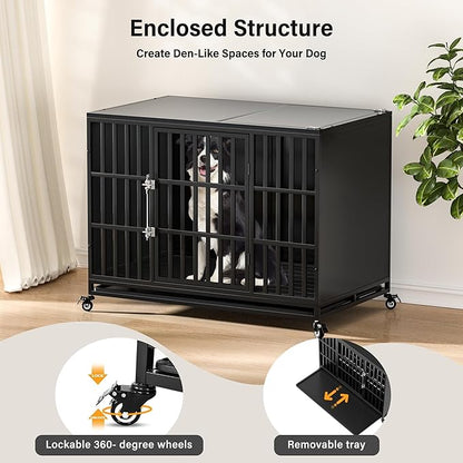 48 inch Heavy Duty Dog Crate with Self-Locking Latch, Indestructible Large Steel Kennel with Enclosed Design, Escape-Proof and Chew-Proof Pet Cage for High Anxiety Dogs