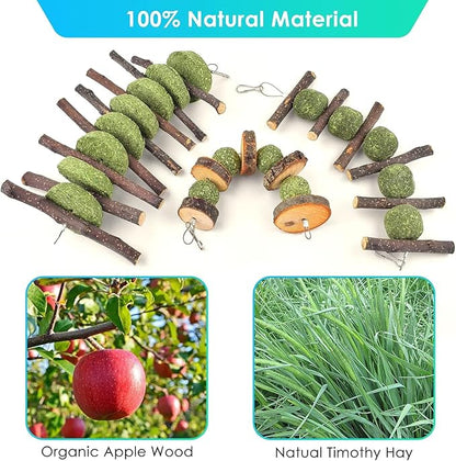 ERKOON Bunny Chew Toys, Rabbit Chew Toys for Teeth Grinding, Improve Dental Health, 100% Natural Apple Wood Timothy Grass Cake Treats for Rabbits Guinea Pigs Chinchillas Bunnies Hamsters (9 Pcs)