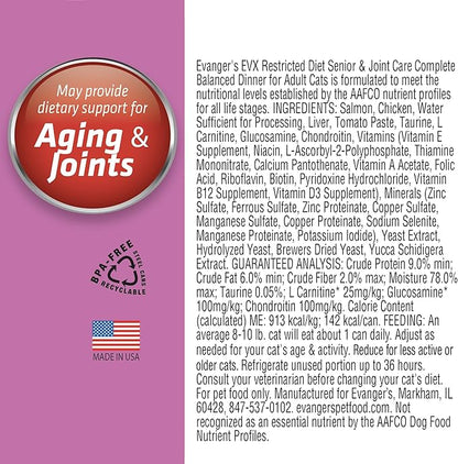 Evanger’s EVX Restricted Diet Senior and Joint Health Canned Cat Food – 24 Count, 5.5 oz Cans Each – Salmon with Taurine, L Carnitine, Glucosamine & Chondroitin – Grain Free Pâté Style