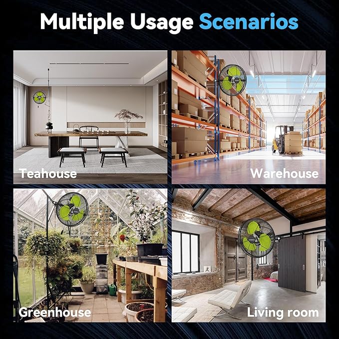 12 IN High Velocity Wall Mount Fan, 3 Speed Industrial Wall Fan with Sealed Motor, 2500 CFM Adjustable Air Circulator for Garage, Commercial, Greenhouse, Warehouse & Gazebo Use, UL Listed