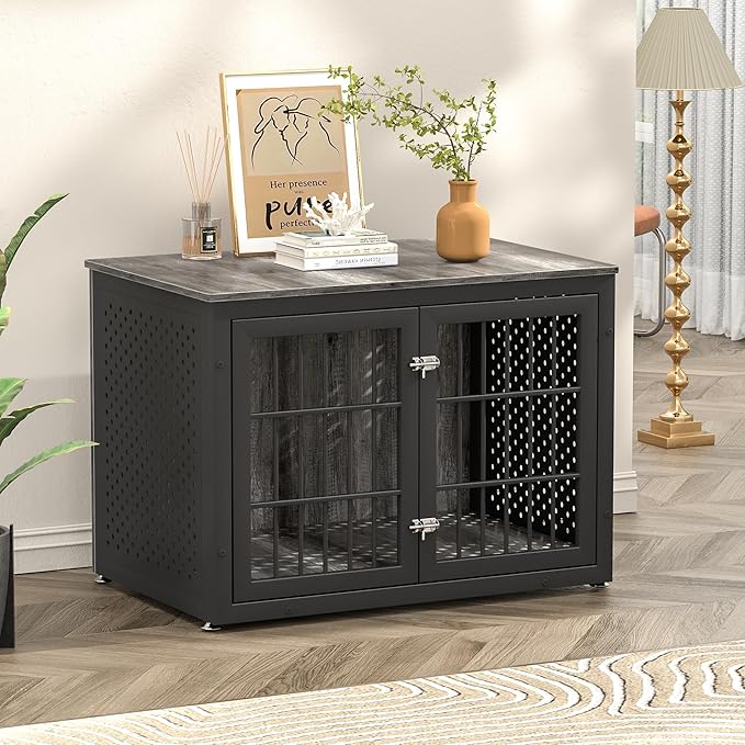38" Heavy Duty Dog Crate Furniture for Large and Medium Dogs,Wooden Metal Kennel for High Anxiety Dogs, Chew Proof Pet Cage Indoor, Decorative Dog Kennel End Table