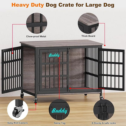 EasyCom 41"/33"/27" Dog Crate Furniture with Name Tag, Heavy Duty Dog Kennel Indoor for Medium Dogs, Double-Doors Sturdy Metal Dog Cage for Anxiety Dog, Decorate House as TV Stand, End Table