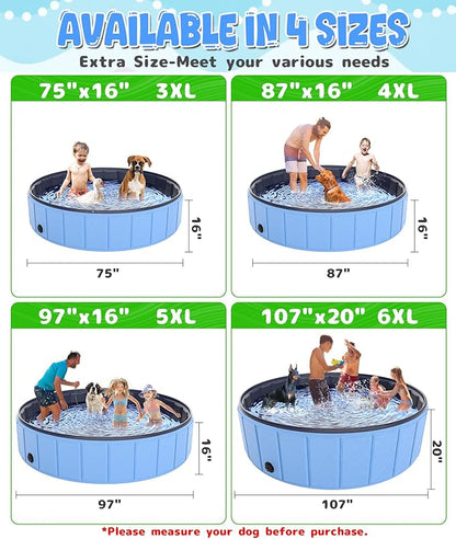Giant Dog Pool 97"x16", Hyperzoo Foldable Dog Swimming Pool, Hard Plastic PVC Leakproof Doggie Wading Collapsible Pet Bathing Tub for Puppy Small Medium Large Dogs and Kids, Blue