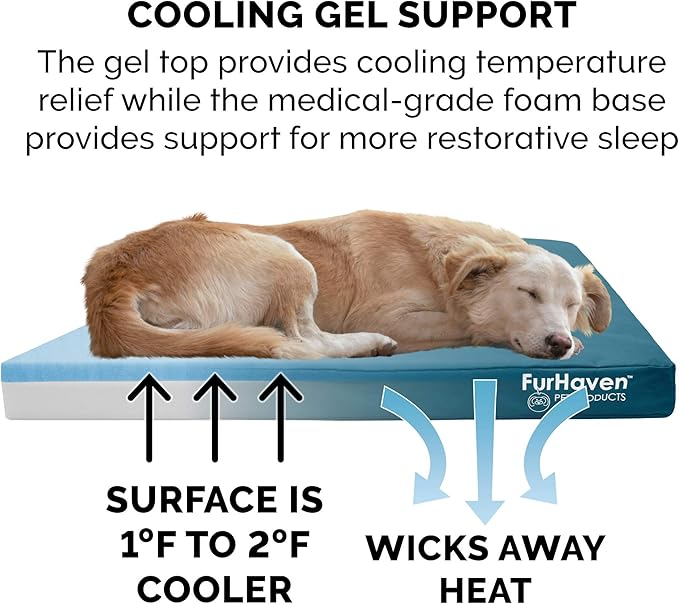 Furhaven Water-Resistant Cooling Gel Dog Bed for Large Dogs w/ Removable Washable Cover, For Dogs Up to 95 lbs - Indoor/Outdoor Logo Print Oxford Polycanvas Mattress - Deep Lagoon, Jumbo/XL