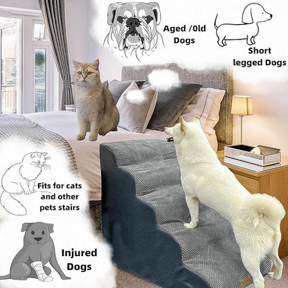 5-Step Dog Stairs for 30 Inch High Beds & 20-30 Inch Couch Bed, Non-Slip Balanced Indoor Pet Ramp Stairs for Small Old Large Dogs Cats to Get on Bed 30D