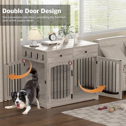 40 Inch Furniture-Style Dog Crate-Multipurpose Wood Pet Crate Furniture with Double Doors,2 Drawers, Decorative Dog House Indoor for Smal/Medium Dogs, Gray Finish