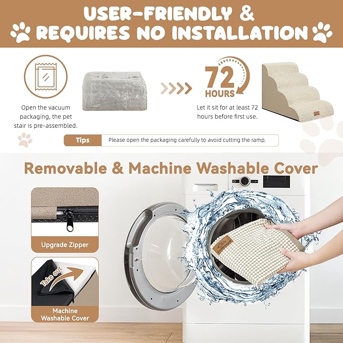 Dog Ramp and Stair for Bed 16" H-20 H,3-Step Cat Stair for Sofa and Chair,4-Step Dog Ramp for High Bed and Window,Durable Nonslip Fabric Cover for Indoor (Beige-20 H, Pet Friendly, 4)