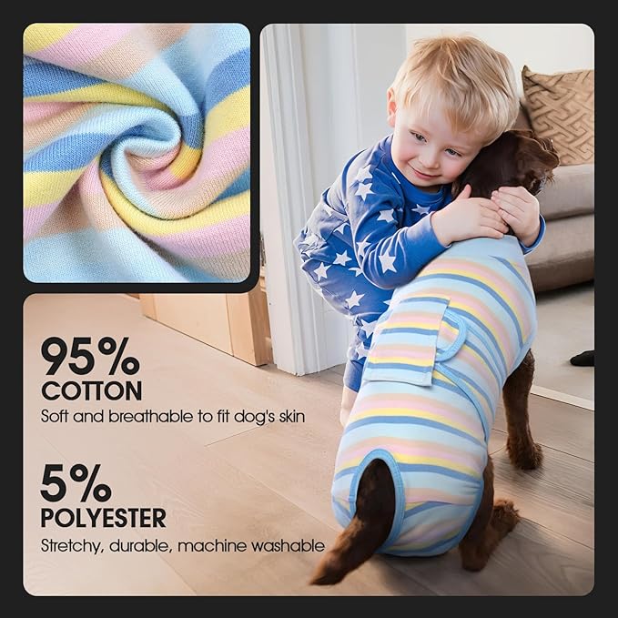 FUAMEY Recovery Suit for Dogs After Surgery,Soft Breathable Dog Bodysuit E-Collar & Cone Alternative Surgical Suit,Male Female Dog Neuter Spay Suits Anti Licking Wounds Onesie Blue Yellow Stripes L