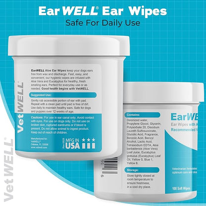 EarWELL by VetWELL Dog Ear Wipes - Otic Cleaning Wipes for Infections and Controlling Ear Odor in Pets - 100 Count