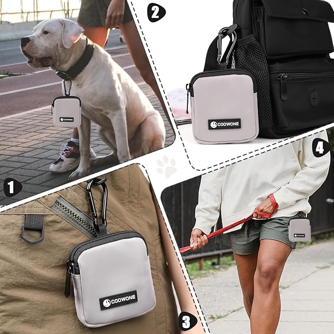 Dog Treat Pouch 2 PCS, Waterproof Small Dog Treat Bag for Leash, Hands Free Dog Walking Bag with Carabiner, Dog Poop Bag Holder for Pet Puppy Travel or Outdoor Use, Zipper Closure to Avoid Spilling