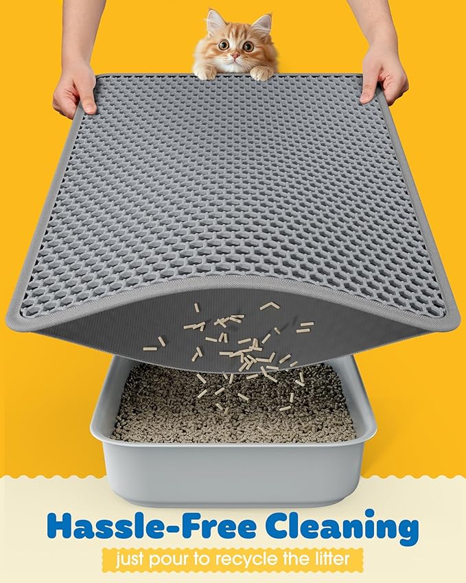 35" x 30" Cat Litter Mat - Ultra-Large Litter Box Mat with Double Layers, Urine-Proof and Non-Slip Litter Trapping Mat, Easy to Clean Kitty Litter Mats for Floor, Scatter Control, Grey