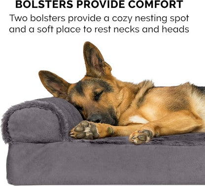 Furhaven Cooling Gel Dog Bed for Medium/Small Dogs w/ Removable Bolsters & Washable Cover, For Dogs Up to 35 lbs - Plush & Velvet L Shaped Chaise - Platinum Gray, Medium