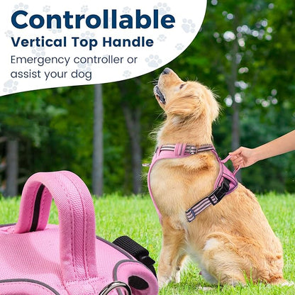Funfox Dog Harness No Pull, Adjustable Pet Vest Harness, Super Soft Material with Vertical Handle Easy Control, Reflective Night Walking, 2 Leash Clips for XLarge Dogs, Pink, XL