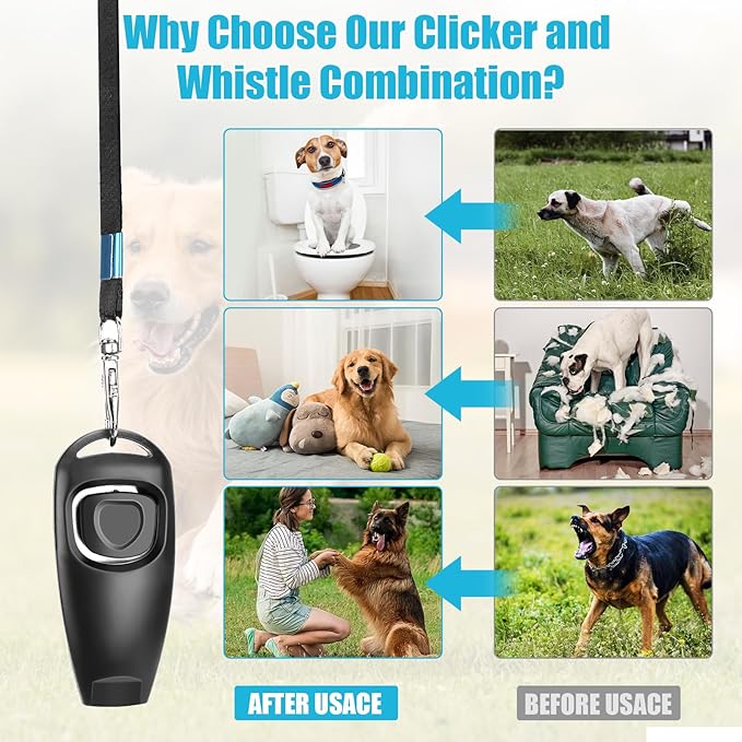 2-in-1 Dog Training Clicker Whistle for Training and Recall, Pet Training Accessories for Puppy, Cats, Horses & Small Animals - 2 Pack with Lanyard, Reward and Train Your Pets Efficiently
