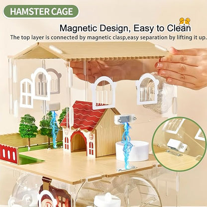 12 in 1 Clear Acrylic Hamster Cage with All Accessories,13.5''L* 10''W* 15''H Dwarf Hamster Cage,Magnetic Connection Small Hamster Enclosure,Garden Style Wooden Mouse Cage for Pet Mice(2-Layer,White)