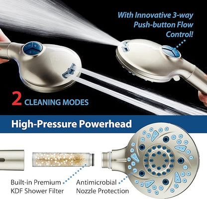 AquaCare High Pressure 10 Spray Mode Filtered Showerhead - Handheld Shower Head Filters Chlorine to Heal Dry Skin, Revive Hair - Dual Power Wash Cleans Tub, Tile, Pets - Hard Water Softener, Nickel